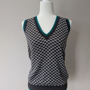 Ben Sherman Checkered Knit Vest in Black and Gray with Teal Accents